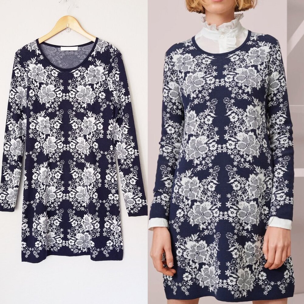 See By Chloe Resort Collection Jacquard Long Sleeves Sweater Knit Dress Navy M